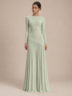 Women’s Black and White Elegant Round Neck Long Sleeve Colorblock A-Line Maxi Dress with Asymmetric Waist and Pleated Detail