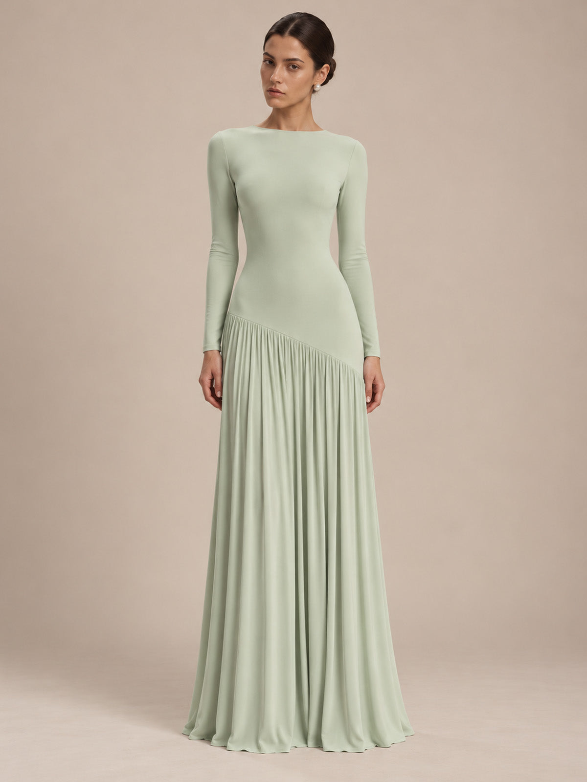 Women’s Black and White Elegant Round Neck Long Sleeve Colorblock A-Line Maxi Dress with Asymmetric Waist and Pleated Detail