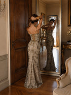 Women’s Taupe Luxe Embroidered Mesh Spaghetti Strap Mermaid Maxi Dress