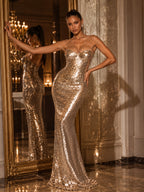Women’s Glamorous Sequin Sweetheart Neck Sleeveless Mermaid Maxi Dress with Rhinestone Straps and Fitted Waist