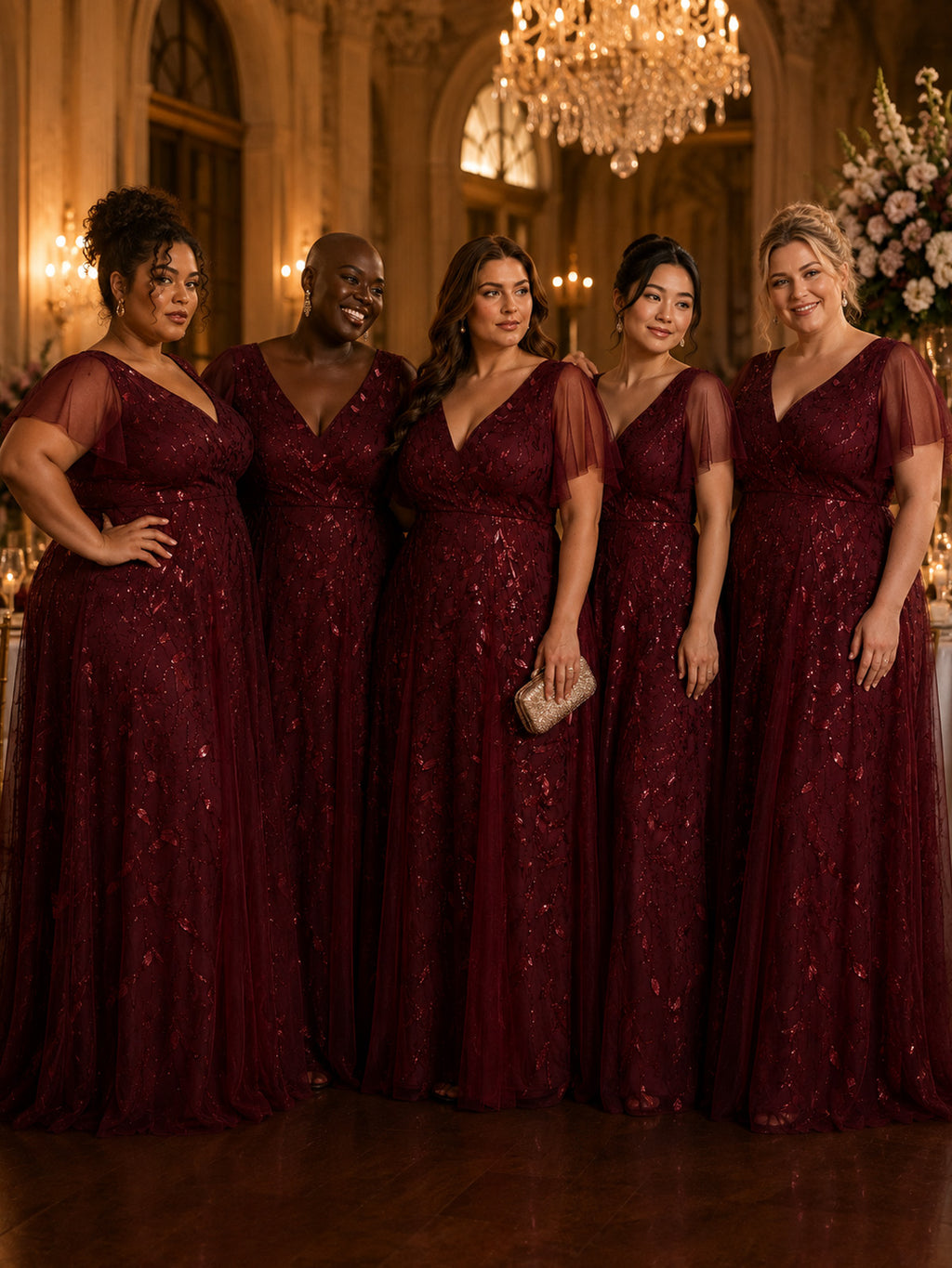 Women’s Burgundy Glamorous Sequin Mesh V Neck Flutter Short Sleeve A-Line Maxi Dress with Embellished Detail
