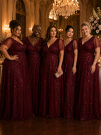 Women’s Burgundy Glamorous Sequin Mesh V Neck Flutter Short Sleeve A-Line Maxi Dress with Embellished Detail