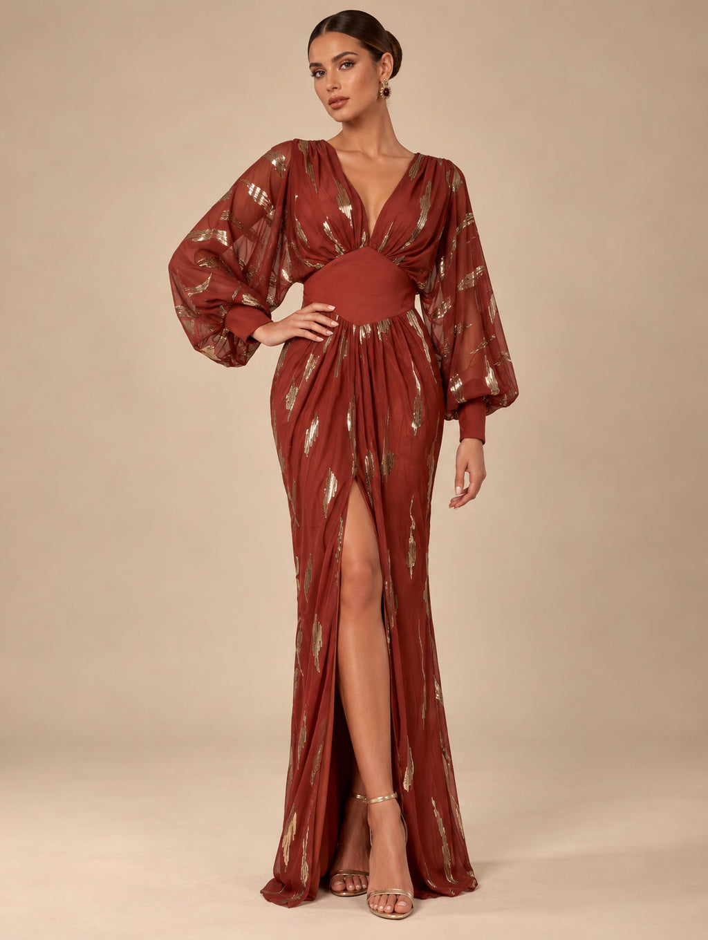 Women's Luxe Black and Gold Metallic Print V-Neck Long Sleeve High Slit Maxi Evening Dress
