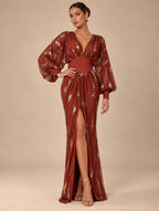 Women's Luxe Black and Gold Metallic Print V-Neck Long Sleeve High Slit Maxi Evening Dress