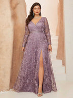 Women’s Dusty Mauve Elegant Floral Lace V-Neck Long Sleeve A-Line Maxi Dress with High Slit