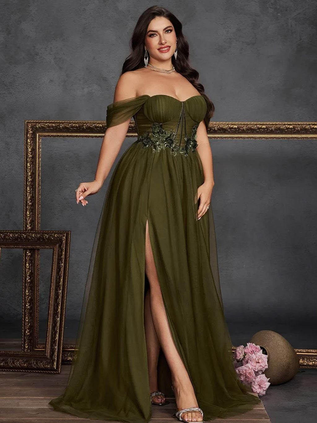 Women’s Olive Green Elegant Tulle Off Shoulder Short Sleeve A-Line Maxi Dress with Floral Appliqué