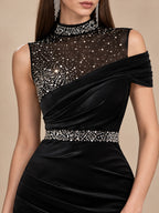 Women’s Black Elegant Satin High Neck Asymmetric Sleeveless Mermaid Maxi Dress with Rhinestone Mesh Detail