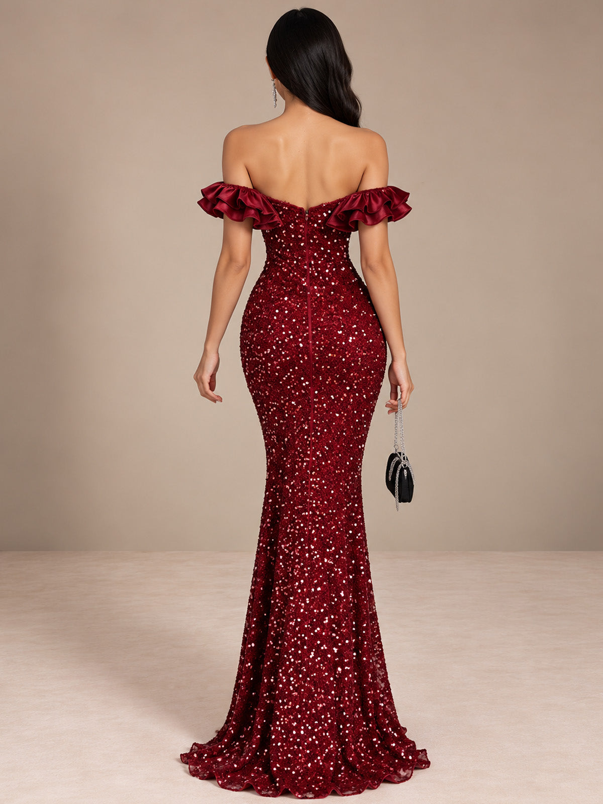Women’s Burgundy Elegant Sequin Off Shoulder Maxi Dress with Ruffle Detail