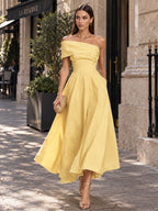 Women’s Yellow Elegant Satin One Shoulder Short Sleeve A-Line Midi Dress with Pockets
