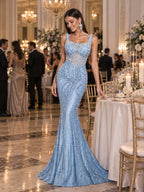 Women’s Light Blue Elegant Crystal Mesh Square Neck Sleeveless Mermaid Maxi Dress with Bead Embroidery