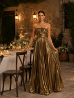 Women’s Gold Elegant Metallic Pleated Halter Neck Sleeveless A-Line Maxi Dress