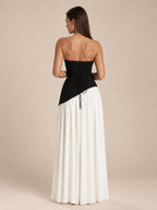 Women’s Black and White Elegant Strapless Colorblock A-Line Maxi Dress with Asymmetric Bodice, High Slit and Scarf Detail