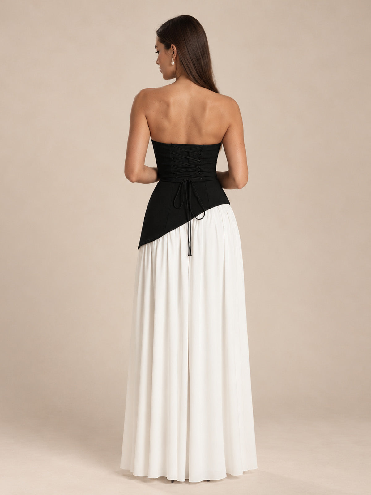 Women’s Black and White Elegant Strapless Colorblock A-Line Maxi Dress with Asymmetric Bodice, High Slit and Scarf Detail