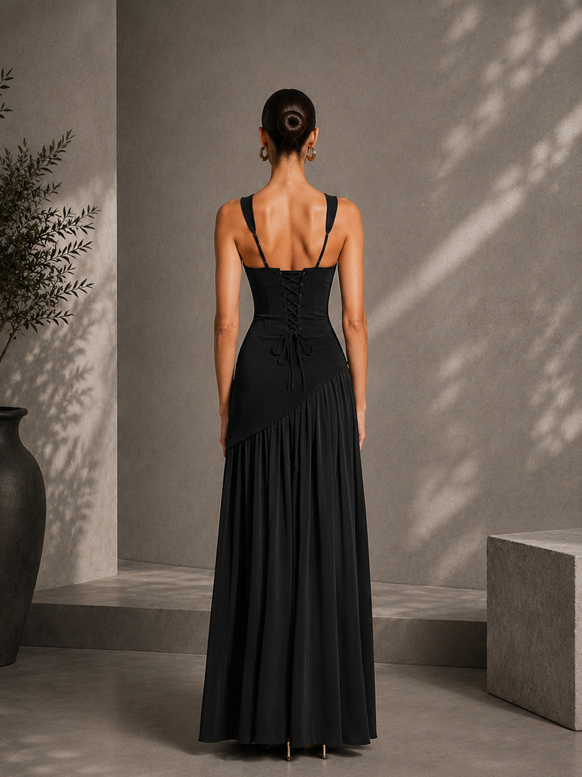 Women’s Olive Green Elegant Stretch Woven Square Neck Sleeveless Slim Maxi Dress