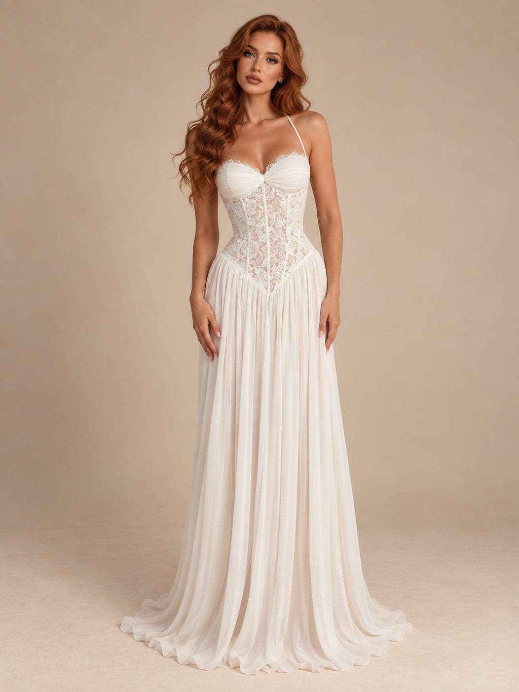 Women’s Blush Pink Elegant Chiffon Sweetheart Neck Spaghetti Strap A-Line Maxi Dress with Lace Corset Detail