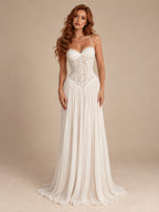 Women’s Blush Pink Elegant Chiffon Sweetheart Neck Spaghetti Strap A-Line Maxi Dress with Lace Corset Detail