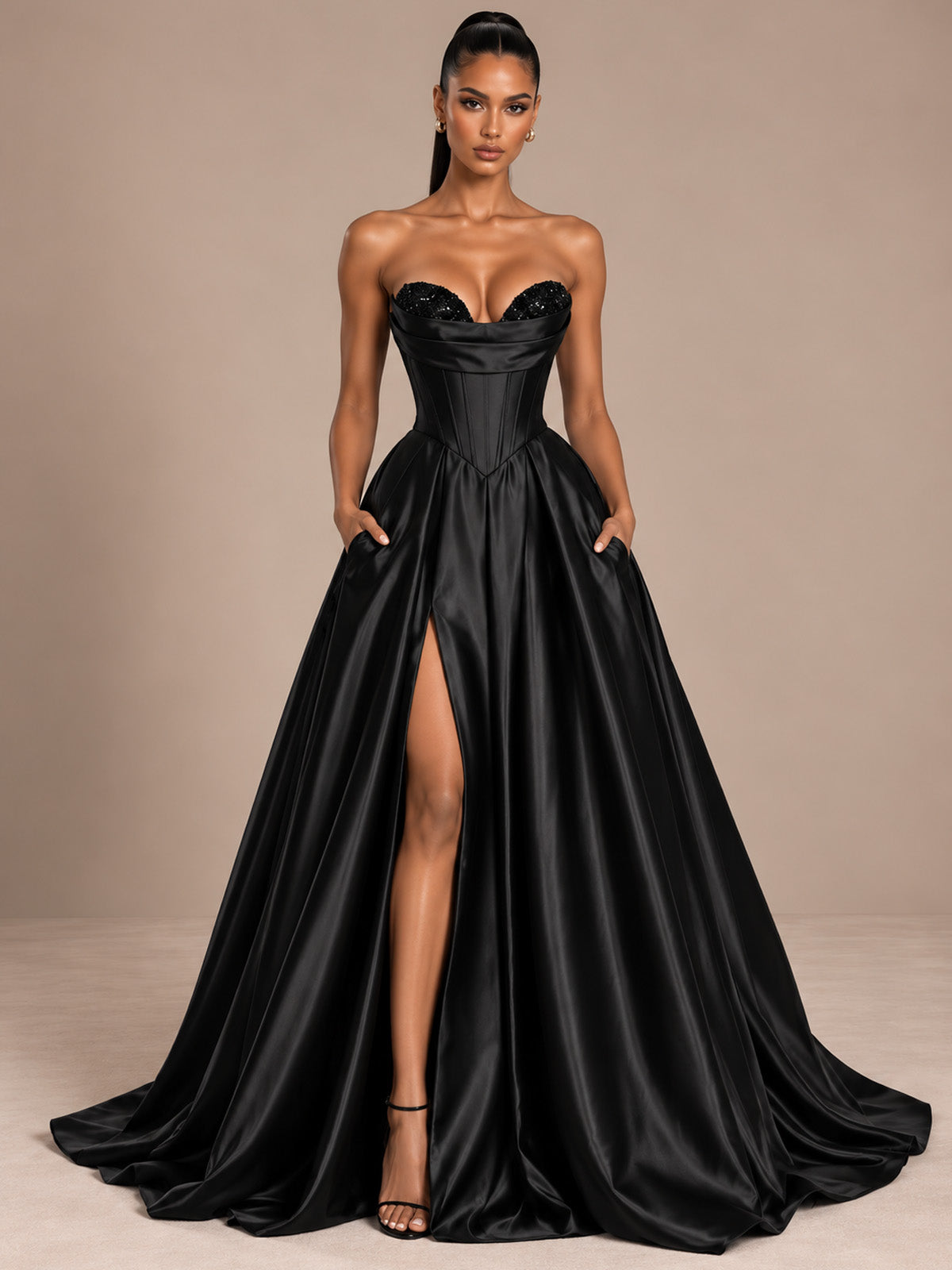 Women’s Black Glamorous Satin Strapless Sweetheart Neck Sleeveless A-Line Maxi Dress with Sequin Detail, Corset Waist and High Slit