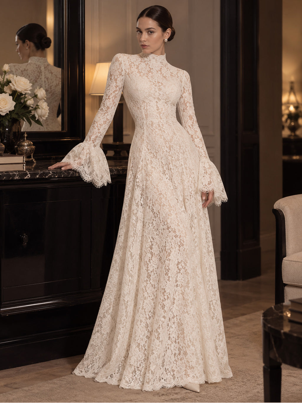 Women’s Ivory Elegant Floral Lace High Neck Long Bell Sleeve A-Line Maxi Dress with Ruffle Cuff Detail