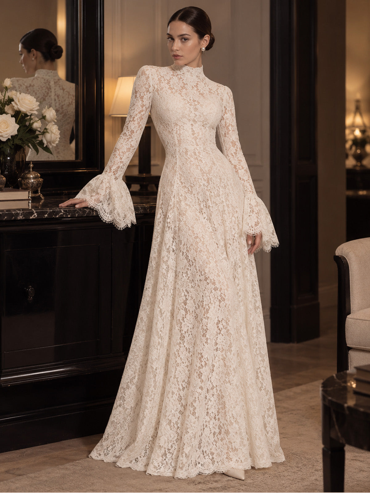 Women’s Ivory Elegant Floral Lace High Neck Long Bell Sleeve A-Line Maxi Dress with Ruffle Cuff Detail