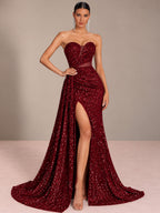 Women’s Champagne Gold Glamorous Sequin One Shoulder Sleeveless Mermaid Maxi Dress with Ruched Detail, High Slit and Lace-Up Back