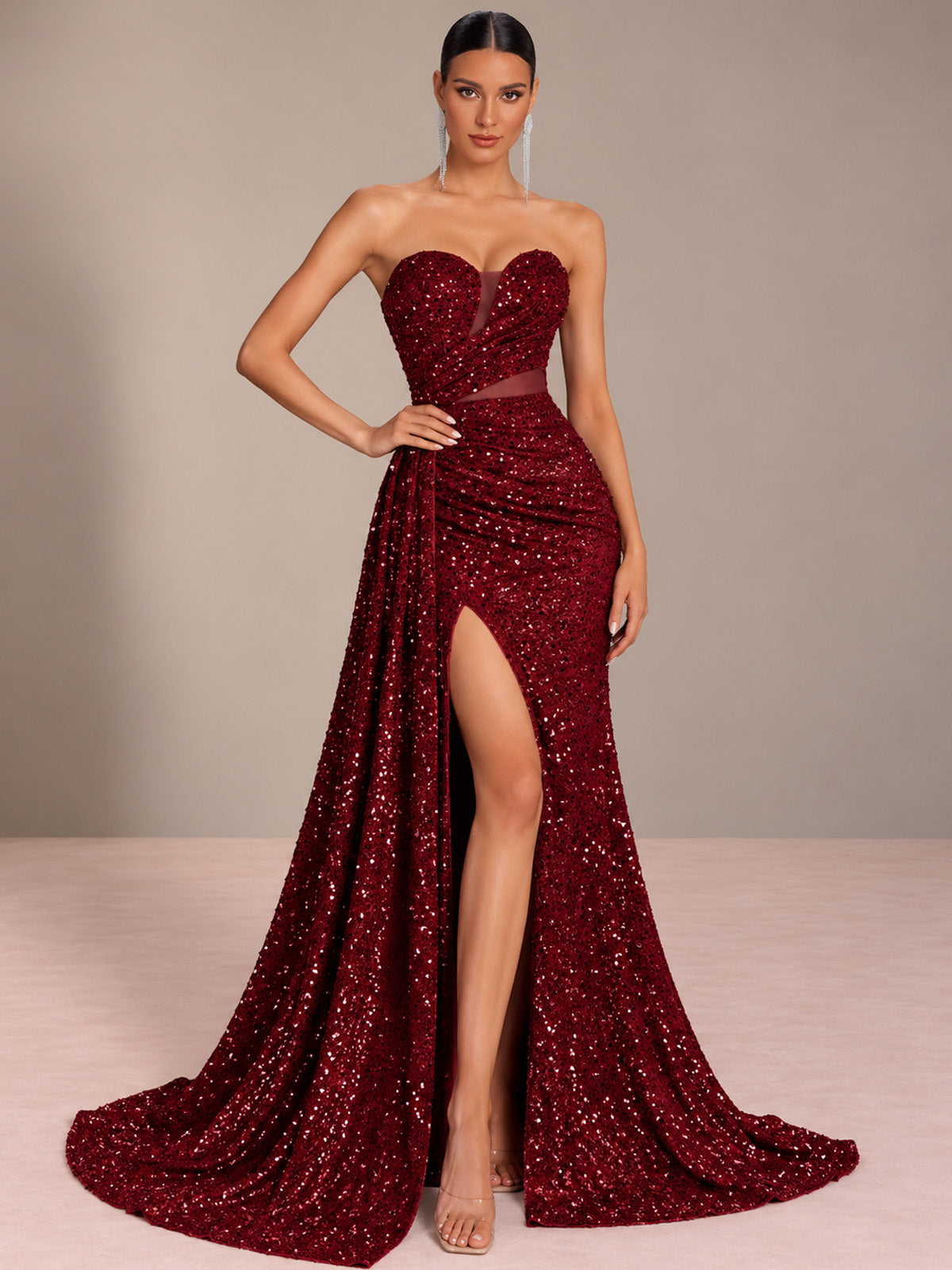 Women’s Champagne Gold Glamorous Sequin One Shoulder Sleeveless Mermaid Maxi Dress with Ruched Detail, High Slit and Lace-Up Back