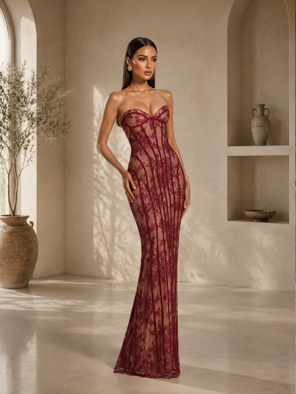 Women’s Black Elegant Lace Strapless Corset Maxi Dress