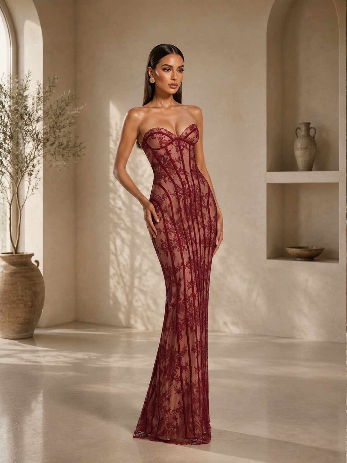 Women’s Black Elegant Lace Strapless Corset Maxi Dress