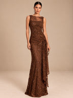 Women’s Emerald Green Elegant Sequin One Shoulder Sleeveless Mermaid Maxi Dress with Asymmetric Ruffle and Colorblock Detail