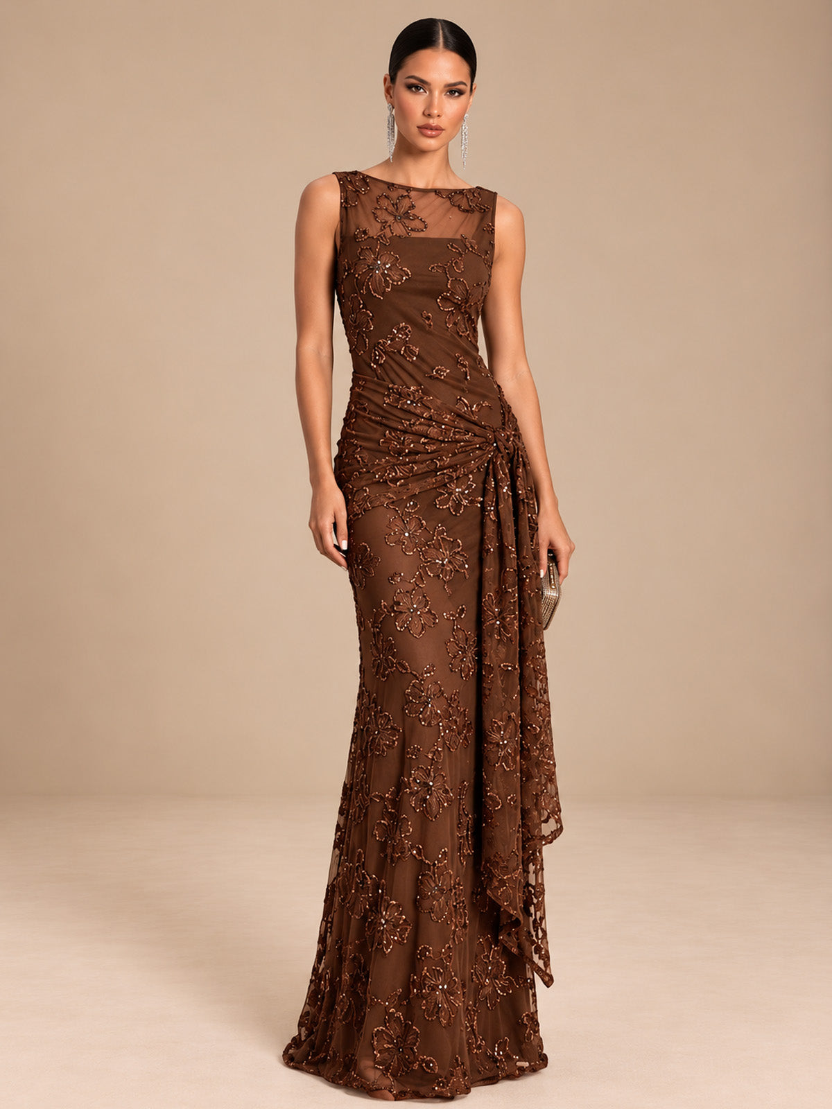 Women’s Emerald Green Elegant Sequin One Shoulder Sleeveless Mermaid Maxi Dress with Asymmetric Ruffle and Colorblock Detail