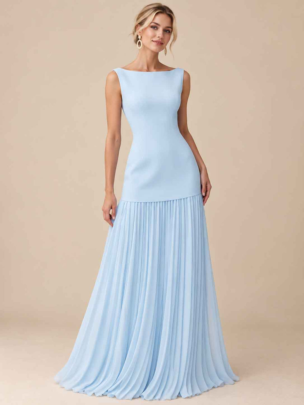 Women’s Ivory Elegant Boat Neck Sleeveless Pleated Maxi Dress with Drop Waist Detail