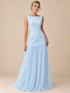 Women’s Ivory Elegant Boat Neck Sleeveless Pleated Maxi Dress with Drop Waist Detail