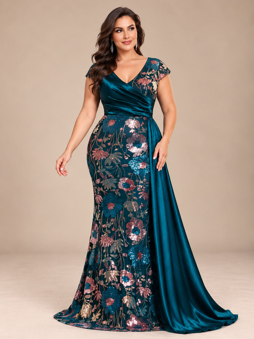 Women’s Black Elegant Floral Sequin Asymmetric Neck Short Sleeve Mermaid Maxi Dress with Satin Draped Detail