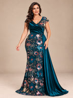 Women’s Black Elegant Floral Sequin Asymmetric Neck Short Sleeve Mermaid Maxi Dress with Satin Draped Detail