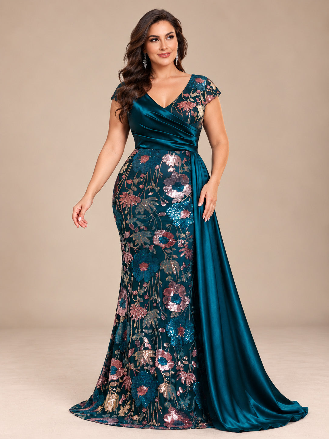 Women’s Black Elegant Floral Sequin Asymmetric Neck Short Sleeve Mermaid Maxi Dress with Satin Draped Detail