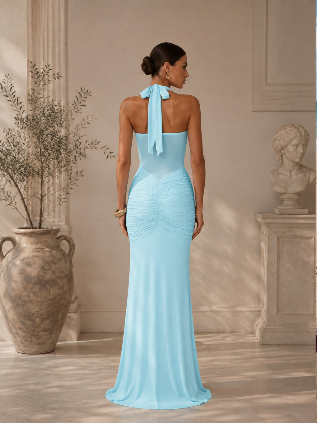 Women’s Burgundy Elegant Ruched Halter Neck Backless Maxi Dress