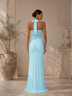 Women’s Burgundy Elegant Ruched Halter Neck Backless Maxi Dress