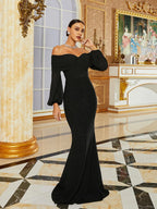 Women’s Black Elegant Sequin Off Shoulder Long Sleeve Mermaid Maxi Dress with Ruched Bodice Detail