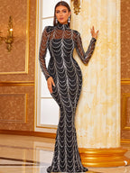 Women’s Black Luxury Sequin Mesh High Neck Long Sleeve Mermaid Maxi Dress with Draped Crystal Pattern