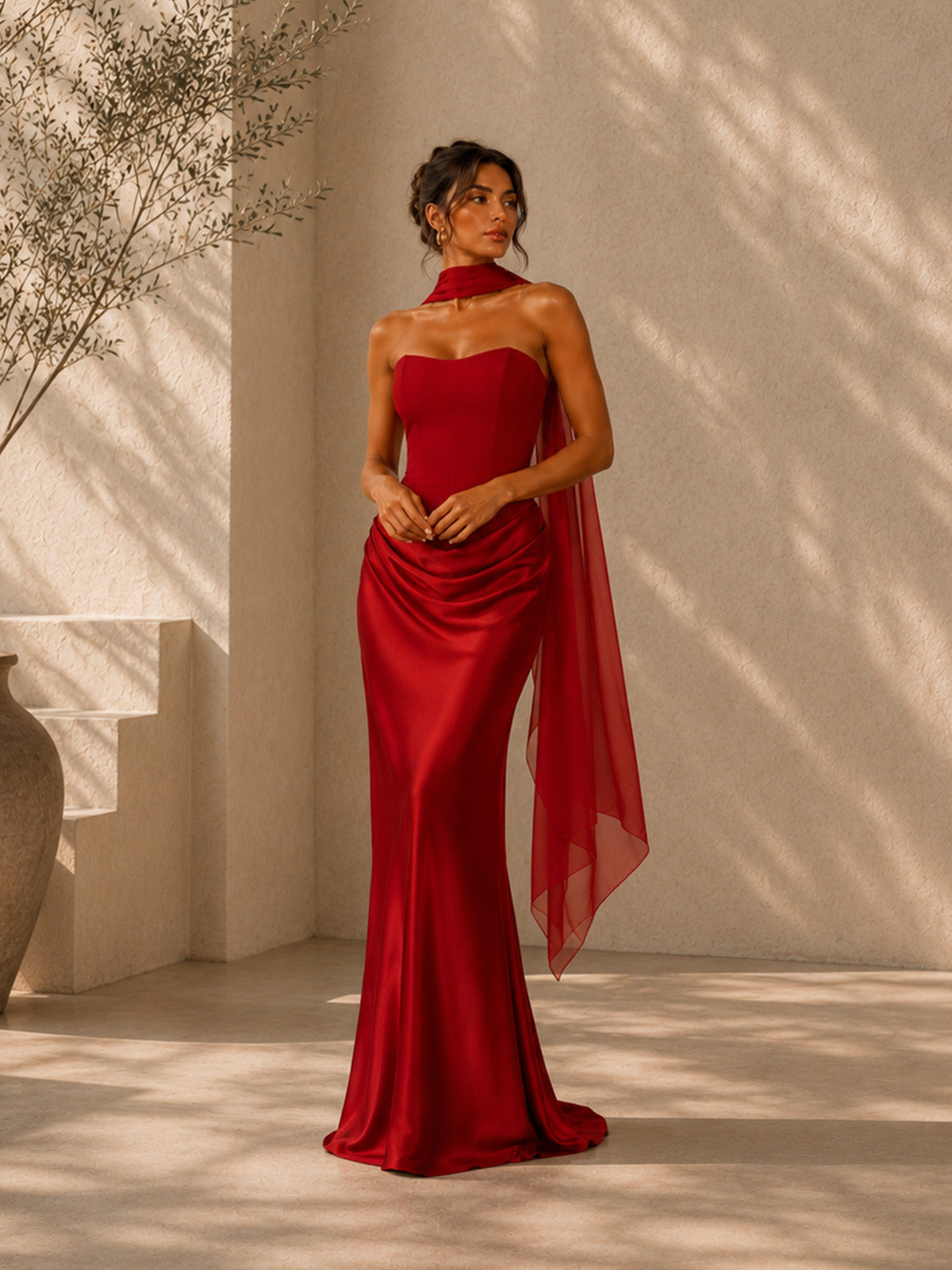 Women’s Elegant Satin Sweetheart Strapless Sleeveless Slim Maxi Evening Dress