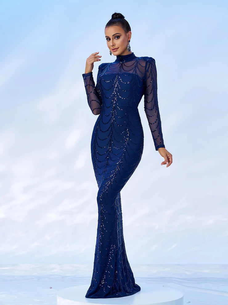 Women’s Black Luxury Sequin Mesh High Neck Long Sleeve Mermaid Maxi Dress with Draped Crystal Pattern