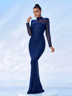 Women’s Black Luxury Sequin Mesh High Neck Long Sleeve Mermaid Maxi Dress with Draped Crystal Pattern