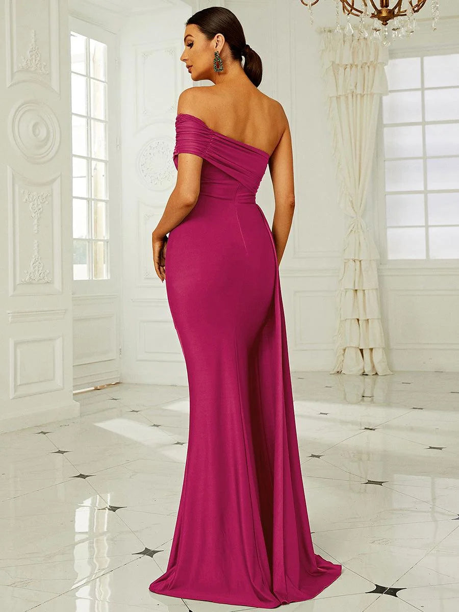 Women’s Dark Green Elegant One-Shoulder Sleeveless Tailored Maxi Dress