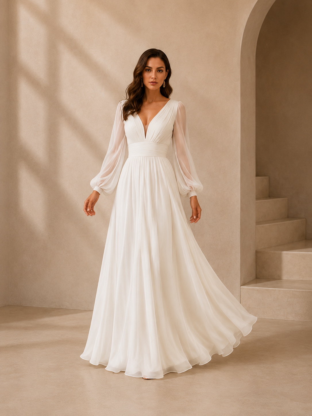 Women’s Navy Blue Elegant Chiffon V-Neck Long Sleeve Regular Floor-Length Wedding Guest Dress with Pleated Detail