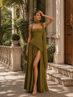 Women’s Olive Green Elegant Stretch Woven Square Neck Sleeveless Slim Maxi Dress