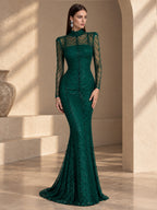 Women’s Black Luxury Sequin Mesh High Neck Long Sleeve Mermaid Maxi Dress with Draped Crystal Pattern