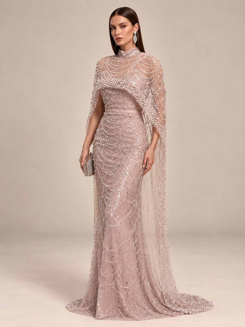 Women’s Champagne Beaded Mermaid Wedding Dress High Neck Long Sleeve Bridal Gown with Crystal Embellished Cape Detail