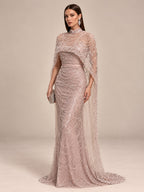 Women’s Champagne Beaded Mermaid Wedding Dress High Neck Long Sleeve Bridal Gown with Crystal Embellished Cape Detail