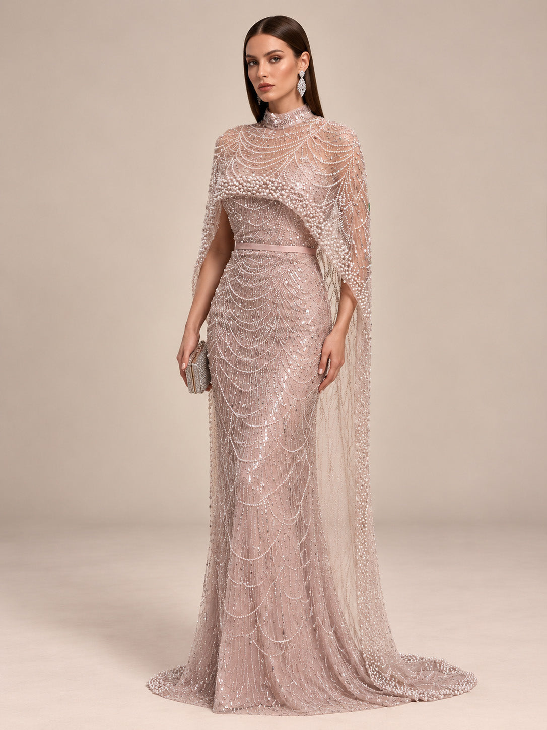 Women’s Champagne Beaded Mermaid Wedding Dress High Neck Long Sleeve Bridal Gown with Crystal Embellished Cape Detail