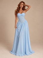 Women’s Blush Pink Elegant Chiffon Sweetheart Neck Spaghetti Strap A-Line Maxi Dress with Lace Corset Detail