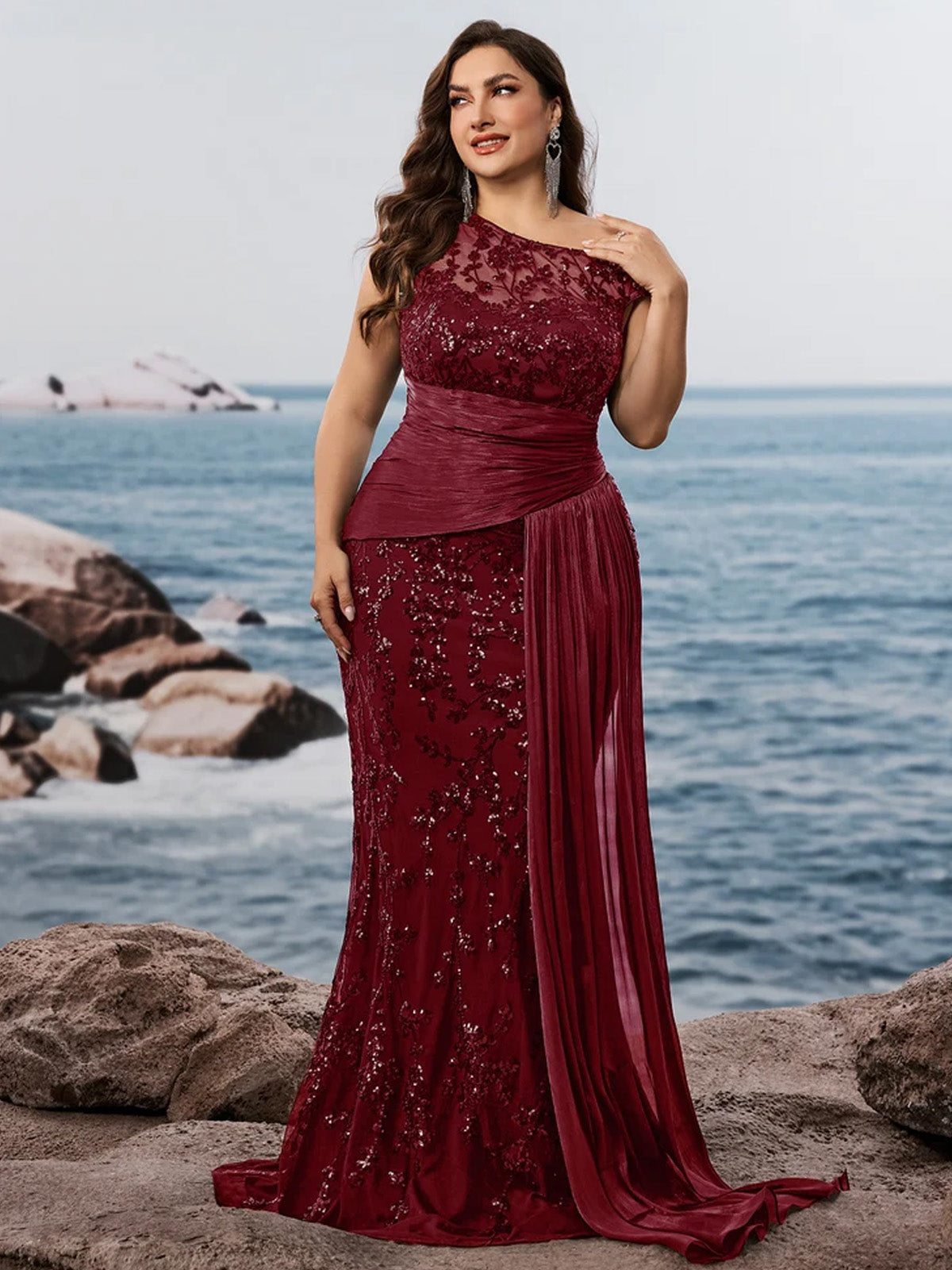 Women’s Black Elegant Sequin Lace Asymmetric Neck Cap Sleeve Mermaid Maxi Dress with Draped Side Panel